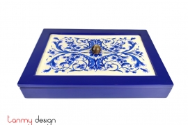 Blue rectangular lacquer box with classic pattern 22*32*H5 cm